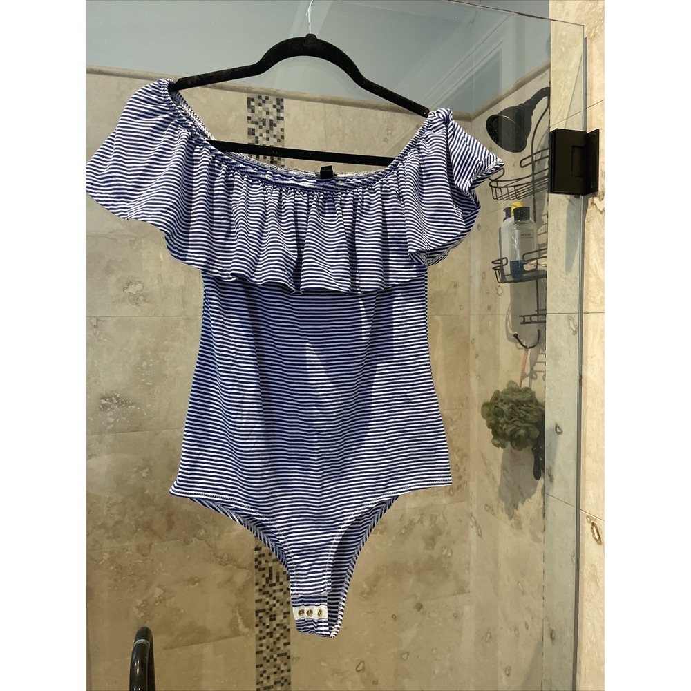 J Crew Womens Bodysuit Leotard Size Medium Blue White Stripe Ruffle Off Shoulder
